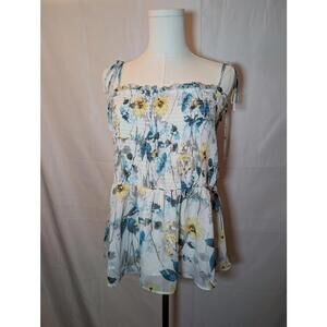 Nine Britton Floral Print Smocked Peplum Top with Tie Straps Women's Large